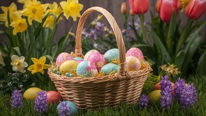 Colorful Eggs in a Basket Surrounded by Flowers During Easter Celebration