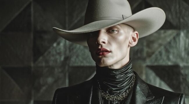 Homem Elegante de Estetica Androgina com Chapeu Branco e Jaqueta de Couro em Moda Editorial Futurista