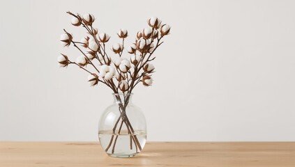 Cotton Branches in a Clear Vase Placed on a Wooden Table Against a Light Background