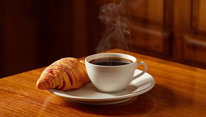 Morning Coffee With a Croissant on a Wooden Table