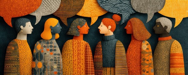 Diverse group of people in conversation and colorful patterns at a social gathering