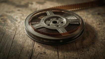 Film Reel on Wooden Surface With Light Background in Focus Showing Details of Vintage Equipment