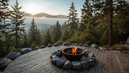 Fire Pit on Wooden Deck With Trees and Mountains During Sunrise in a Foggy Morning