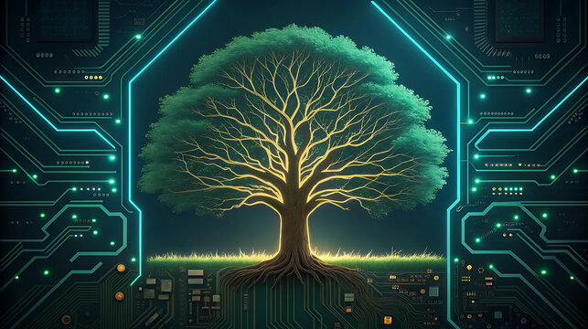 Glowing tree on circuit board with neon lines nature - Powered by Adobe