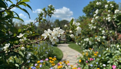 Blossoms and Flowers in a Garden During Daytime With Blue Sky and Clouds
