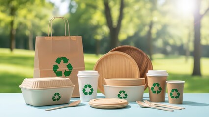 Eco-friendly disposable tableware and bags with recycling symbols on a blue table…