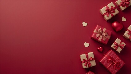 Gifts Are Arranged on a Red Background for a Celebration or Special Occasion in the Winter Season