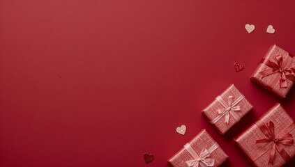 Decorative Gifts and Hearts on a Red Background for Celebrations and Events