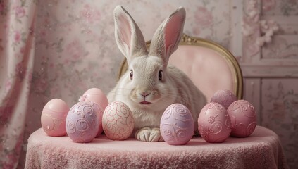 Rabbit Sits Among Pink Eggs and Flowers During Spring Celebration in a Studio Setting