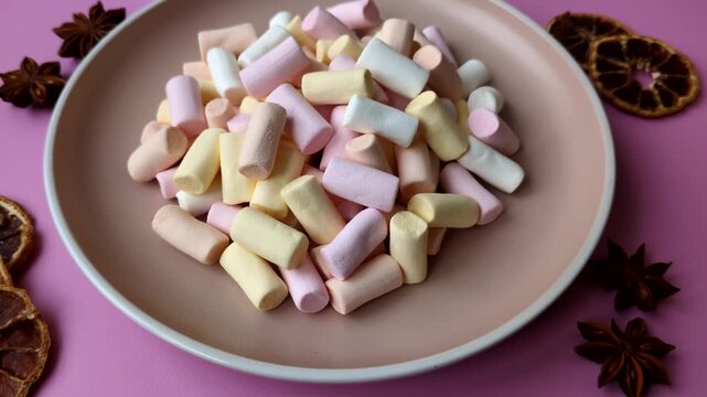 Mini marshmallows in white, pink, and pastel colors, a colorful Christmas dessert. Marshmallows as a food background for your design