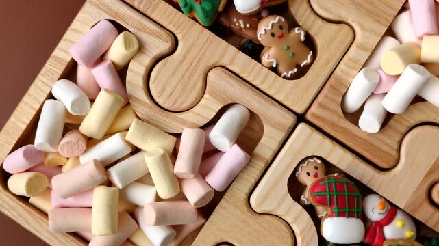 Mini marshmallows in white, pink, and pastel colors, a colorful Christmas dessert. Marshmallows as a food background for your design