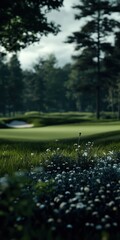 Lush green golf course bordered by dense trees.