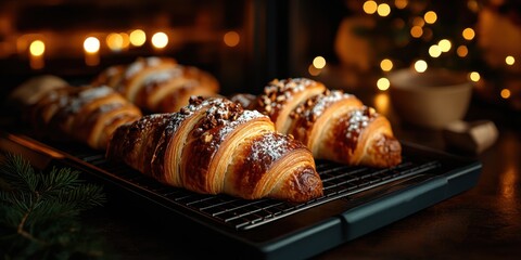 Freshly baked croissants dusted with powdered sugar.