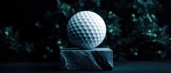 Elegant golf ball on a dark stone pedestal.