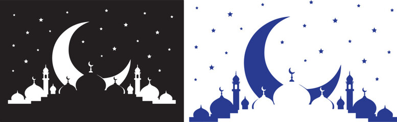 Silhouette of mosques under crescent moon Vector
