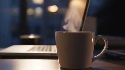 Warm beverage on a desk with a laptop in the background, vapor from the cup adding to the cozy atmosphere of a late night at work, capturing the essence of productivity.