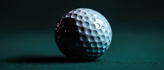 Close-up of a golf ball on a dark surface.