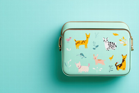 Pastel bag animal print cute illustration kids accessory turquoise background zipper small purse playful design cartoon style flat lay pastel bag