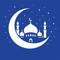 Illuminated mosque under crescent moon Vector