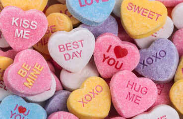 A vibrant collection of heart-shaped conversation candies for valentine's day