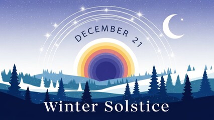 Winter solstice scene with colorful sunrise over snowy landscape