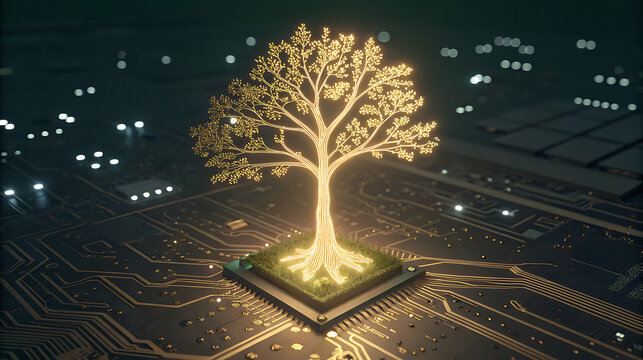 Golden light tree grows from circuit board technology - Powered by Adobe