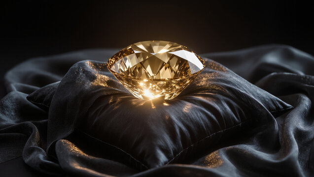 Precious Golden Diamond Gemstone Resting on Dark Luxurious Silk