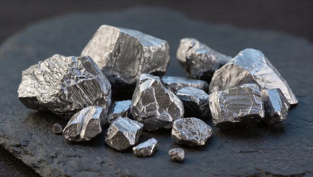 Raw Silver Ore Nuggets and Metallic Mineral Fragments on Dark Stone
