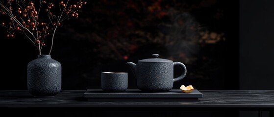 Dark grey tea set with floral accents.