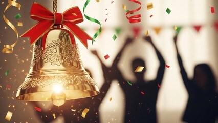 Golden bell with red bow ringing in celebration with confetti