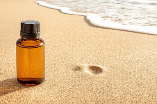 Amber glass bottle sand beach wave footprint, summer skincare cosmetic packaging seaside relaxation concept - Powered by Adobe