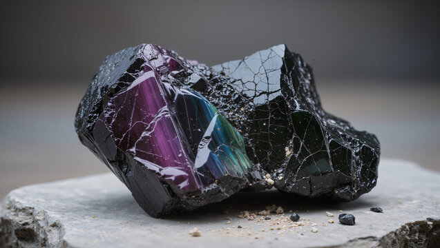 Iridescent Black Obsidian Crystal Specimen on Stone Base