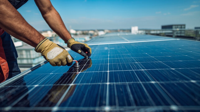 Hands securing cables on a solar panel frame under daylight. Outdoor rooftop setting. Concept of renewable energy and green jobs.