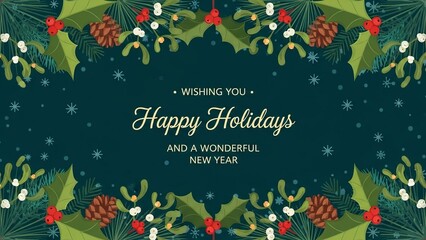 Wishing you a happy holiday season with festive holly and snowflakes