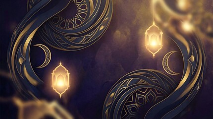 Glowing lanterns and crescent moons in swirling dark blue and gold patterns swirling patterns