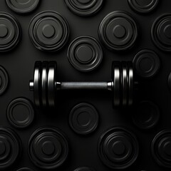A black dumbbell sits atop a dark backdrop of circular weights.