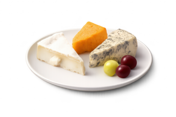 Cheese plate with grapes on transparent background, a tasty appetizer.