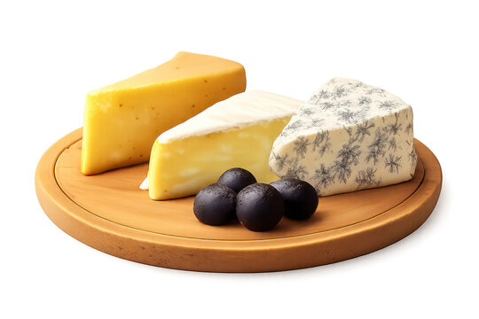 Cheese assortment on wooden board with transparent background image.