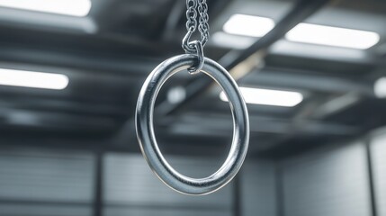 Close-up of a chrome-finished gymnastic ring.