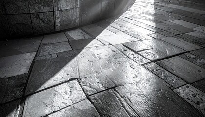 Textured metallic floor reflecting dramatic light and shadow in an industrial or futuristic interior space