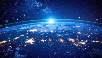 Obraz premium The Earth From Space At Night With A Bright Sunrise Over The Horizon And Stars Visible In The Deep Black Sky