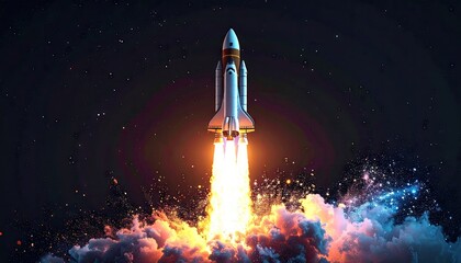 Obraz premium Space Shuttle Launching Upwards into a Starry Night Sky Emitting Bright Orange Flames and Smoke Clouds Against a Dark Backdrop