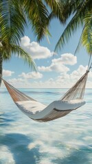 Tropical beach hammock scene under swaying palm trees.