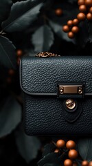 Close-up of a dark leather purse amidst autumnal foliage.