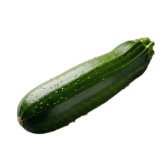 A single fresh dark green zucchini vegetable with tiny textured bumps isolated diagonally against a pure black on transparent background