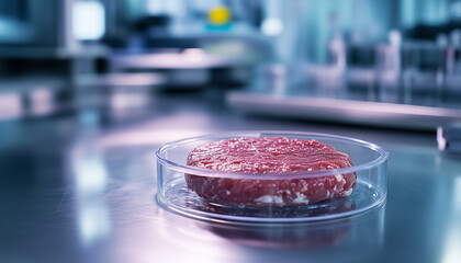 Lab cultivated artificial meat in petri dish. Pink cell based beef meat alternative. Sustainable cruelty free food growing in laboratory