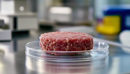Lab cultivated artificial meat in petri dish. Pink cell based beef meat alternative. Sustainable cruelty free food growing in laboratory