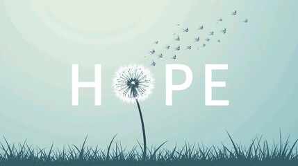 Inspirational Hope Text with Dandelion Flower and Flying Seeds on Soft Blue Background 