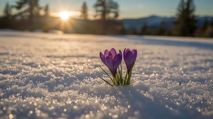 Purple Crocus Flowers Blooming Through Snow at Sunrise