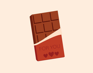 Vector illustration of a chocolate bar. Red packaging. Dark chocolate. Valentine's Day. Sweet gift. Opened chocolate bar.